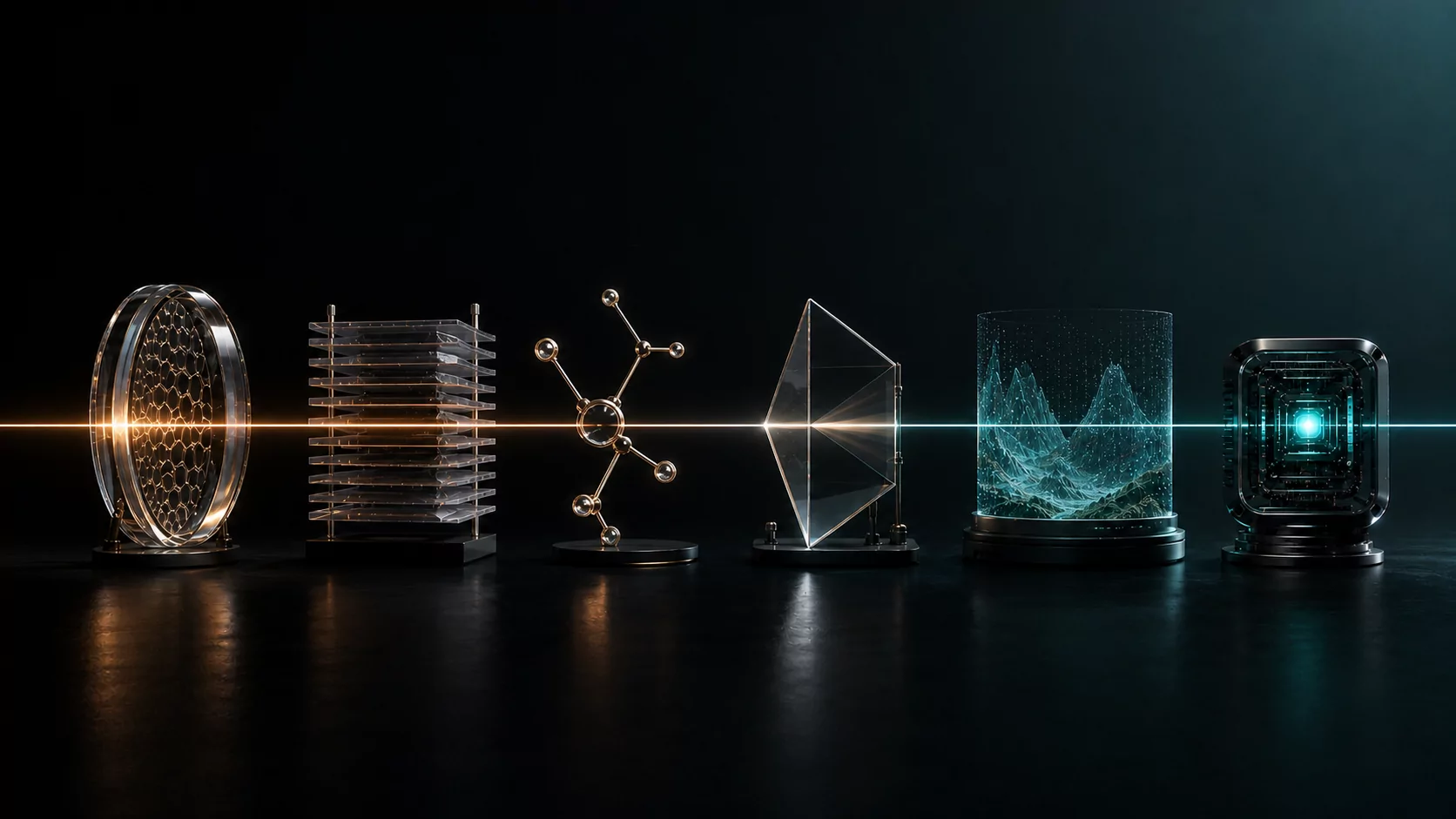 Six precision research instruments connected by one copper-to-cyan beam, representing observation, memory, exploration, evidence, simulation, and efficient systems.