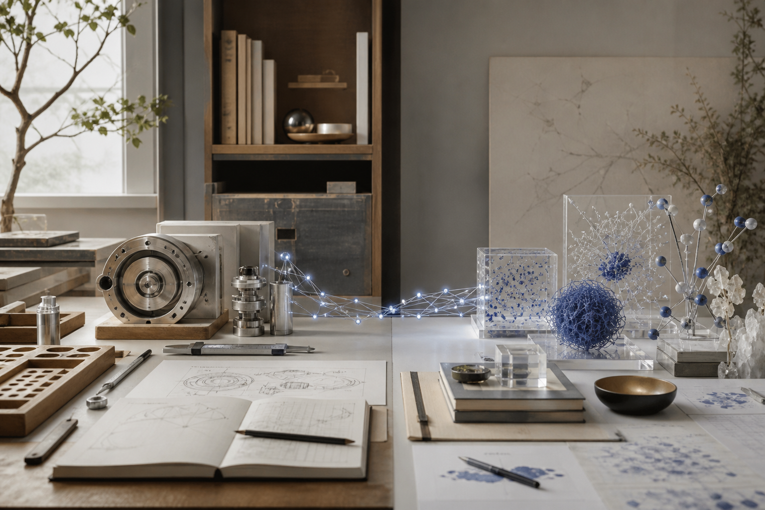 A conceptual research worktable with engineering components, molecular structures, scientific sketches, and a luminous network.